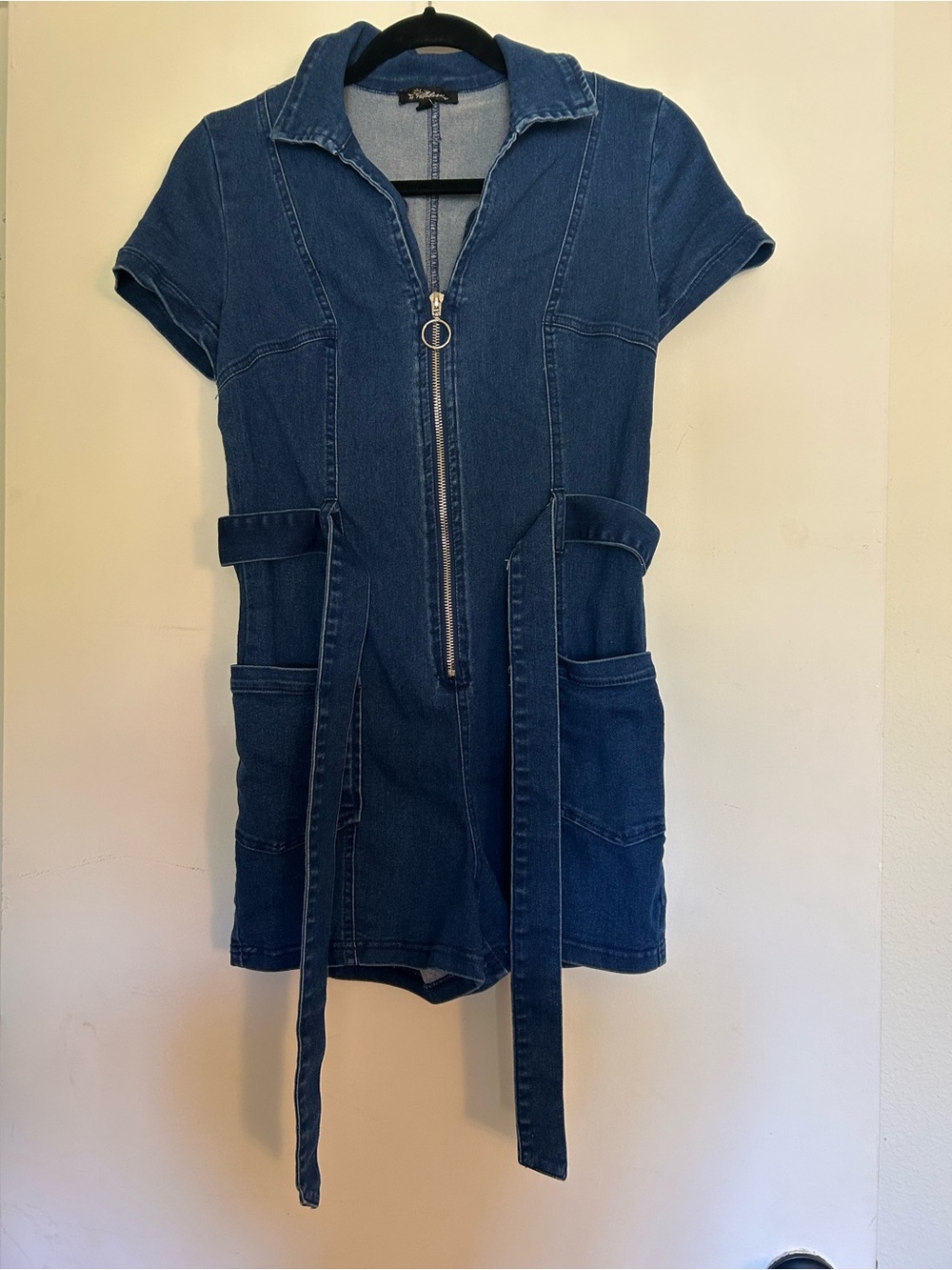 Denim Zip-Front Romper with Belt